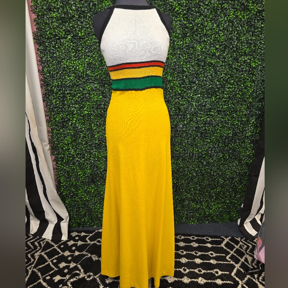 Manon Vintage Yellow Maxi Dress with Multicolor Stripes